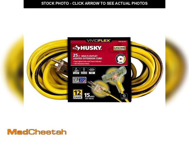 Lot 74-12871473 - Husky VividFlex 25 ft. 12/3 Heavy Duty Indoor/Outdoor Triple Tap Extension Cord with Lighted Ends, Y...