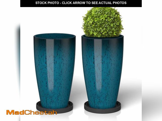 Lot 74-14351733 - FIASON 2 Pack 21 Inch Dark Teal Blue Gradient Tall Plastic Planters, 10mm Thick Glossy Speckled Fini...
