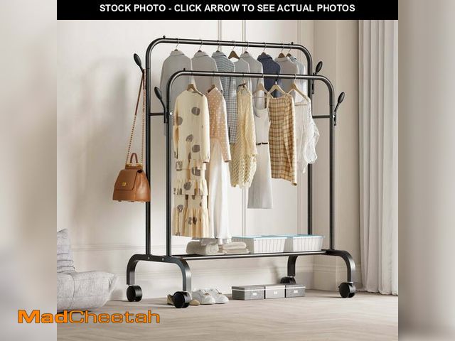 Lot 74-12780031 - Clothes Rack with Wheels, Double Rods Clothing Rack for Hanging Clothes, Heavy Duty Garment Racks fo...