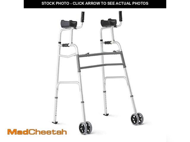 Lot 74-12544237 - Medline Upright Walker with 5" Dual Wheels, Forearm Walker with Armrests, Height Adjustable, 300lb W...