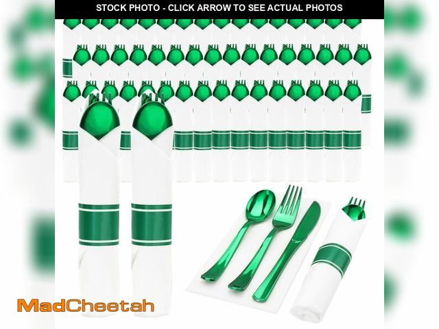 Lot 74-12712415 - Goodluck 50 Set Green Pre Rolled Plastic Cutlery Set, Wrapped Silverware Set with 50 Forks, 50 Knive...