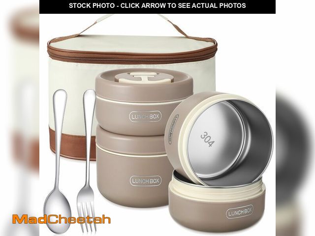 Lot 74-13623696 - Dandat 4 Pcs Insulated Bento Box Portable Stainless Steel Food Container Round Stackable Leakproof T...