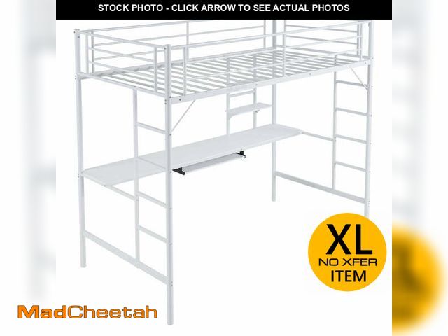 Lot 74-13147643 - Ktaxon Twin Loft Bed with Desk, Metal Bunk Bed Frame with Shelf for Small Space, White - UNUSED