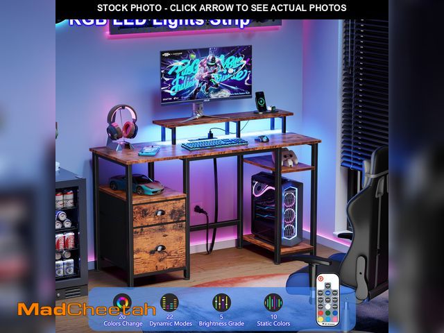 Lot 74-14604321 - Satifur 51" Reversible 2-Tier Computer Desk with Power Outlet, LED Lights, File Cabinet &amp; Storag...