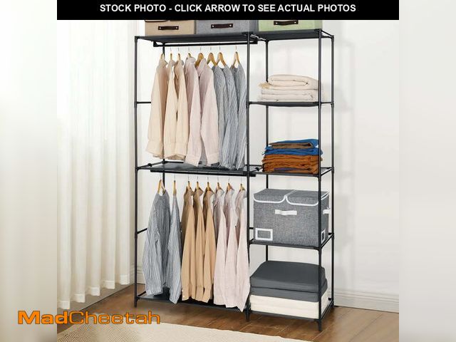 Lot 74-12889773 - Garment Rack, HONEIER Portable Closet Multifunctional Metal Storage Rack with 5 Shelves, 2 Hanging R...