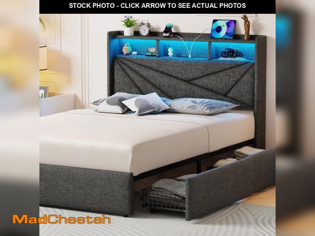 Lot 74-12106012 - Driftalia Queen Bed Frame with 4 Storage Drawers, Upholstered Bed Frame Queen Size with LED Lights H...