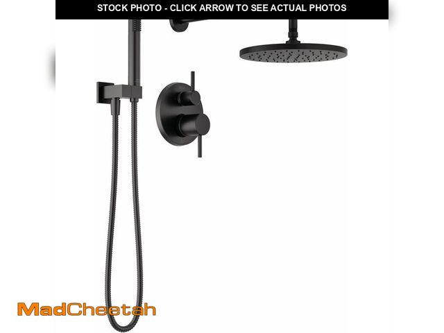 Lot 74-13844464 - Delta Modern 14 Series Round Rain Shower System Faucet Set, Rainfall Matte Black Shower Head and Han...