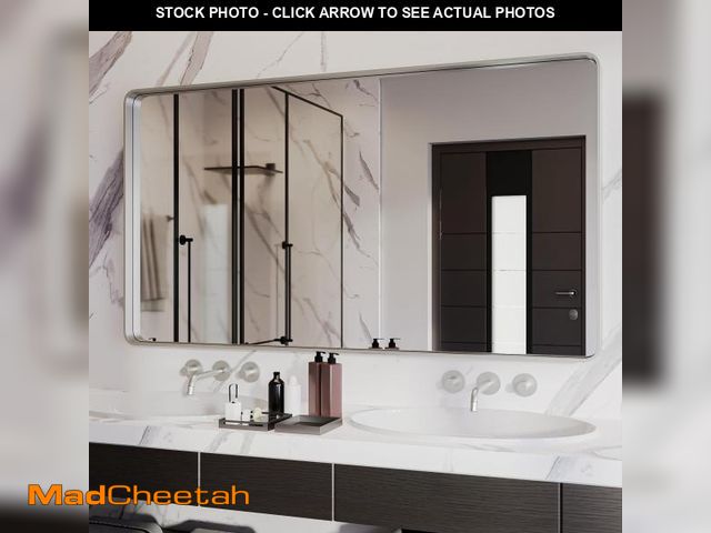 Lot 74-12257969 - ISKM Brushed Silver Bathroom Mirror, 55 x 30 Inch Rounded Rectangle Silver Metal Frame Mirror for Wa...