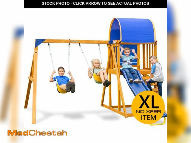 Lot 74-12012032 - Sportspower Augusta Wooden Swing Set with Heavy Duty A-Frame &amp; 6ft Double Wall Slide, Bonus Anch...
