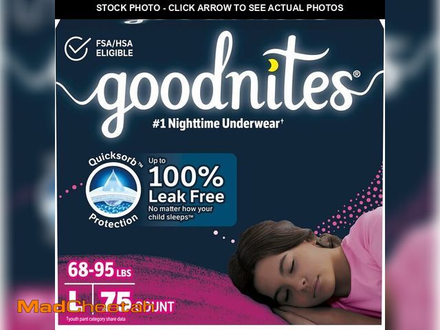 Lot 74-13709696 - Goodnites Girls' Nighttime Bedwetting Underwear, Size Large (68-95 lbs), 75 Ct (3 Packs of 25), Pack...