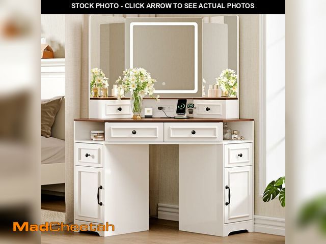 Lot 74-13791543 - GRUTEUNIT Corner Vanity Desk with Mirror and Lights,Makeup Vanities with Power Outlet and 6 Drawers,...