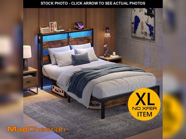 Lot 74-13814944 - Bestier Full Size Platform Bed Frame with Storage Headboard, LED Lights &amp; USB Charging Station, ...