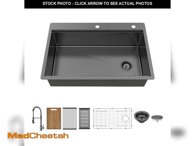 Lot 74-14306227 - Glacier Bay 33 in. Drop-In Single Bowl 18-Gauge Gunmetal Stainless Steel Workstation Kitchen Sink wi...
