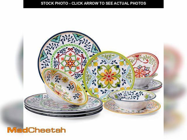 Lot 74-12719307 - ZAROCRUS 12 pcs Talavera Melamine Dinnerware Set, Service for 4 Melamine Plates and Bowls Set, Unbre...