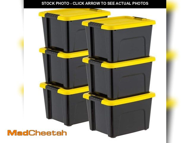 Lot 74-12920472 - *ONE LID CHIPPED* IRIS 20 qt. /5 Gal. Plastic Storage Bins with Lids, Black Latching Stackable Totes...