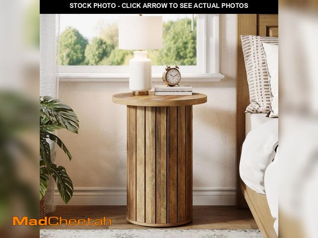 Lot 74-12552514 - Kerlin 19.7 in. Brown Cylindrical Side Table, Round MDF Fluted End Table Pedestal Side Table for Liv...
