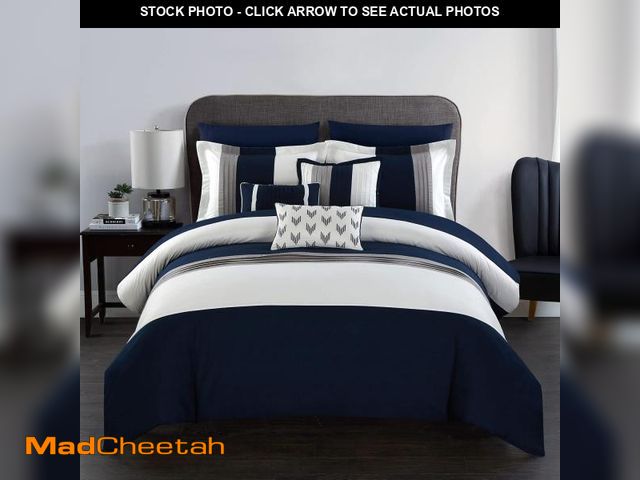 Lot 74-12137583 - Chic Home Navy Bed in a Bag Comforter Set, King Size (10 Pieces), Ayelet - Color Blocked Stripes Pre...