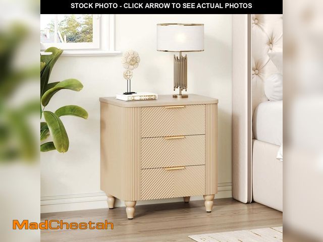 Lot 74-12746459 - CHRISTOPHER KNIGHT HOME Attwell Modern Champagne 3-Drawers Wood Nightstand with Gourd Legs, Wavy Gro...