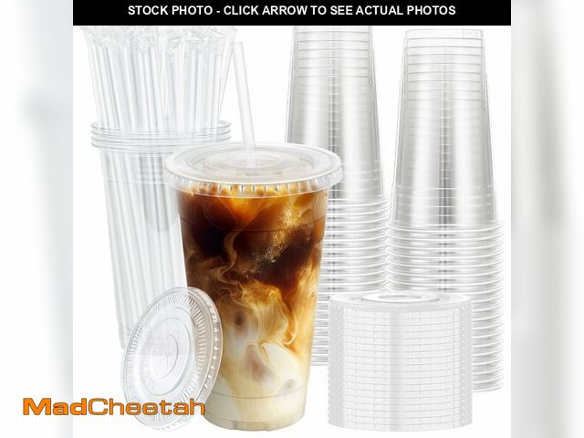 Lot 74-14149552 - Lamosi 100 Pack 20 oz Clear Plastic Cups with Lids and Straws, Disposable Iced Coffee Cups with Lids...