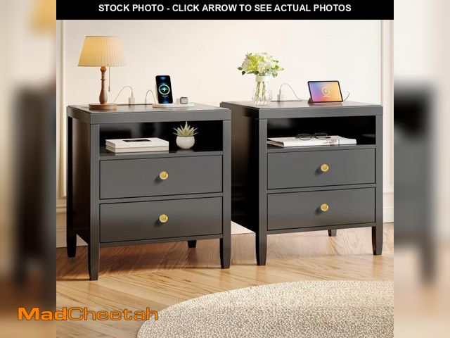 Lot 74-12199779 - Huuger Black Nightstand Set of 2, Night Stand with Charger Station, Bedside Table with 2 Drawers, Be...