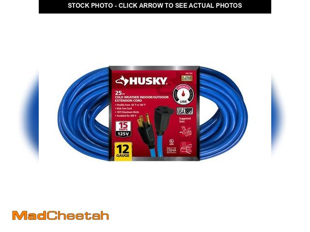 Lot 74-14113559 - Husky 25 ft. 12/3 Medium Duty Cold Weather Indoor/Outdoor Extension Cord, Blue - UNUSED