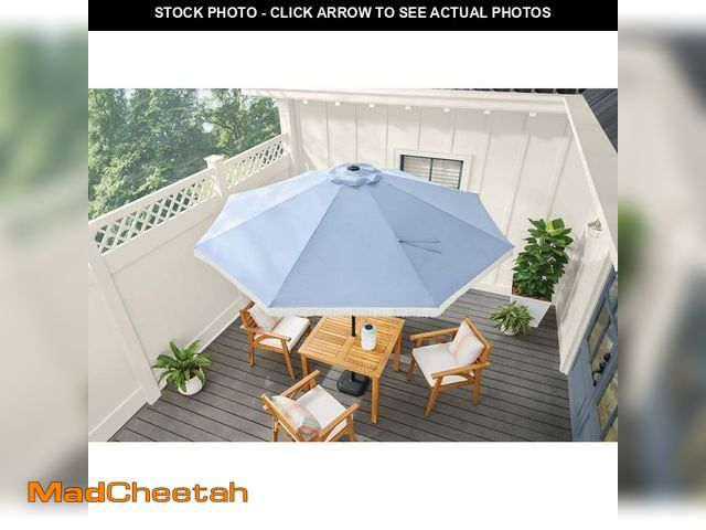 Lot 74-14590805 - Hampton Bay 9 ft. Aluminum Market Crank and Auto-Tilt Patio Umbrella in Morning Glory Blue with Frin...
