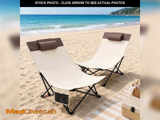 Lot 74-14608331 - WTVIDAS Set of 2 Folding Low Reclining Beach Chairs, 4-Position Lay Flat with Headrest &amp; Side Po...