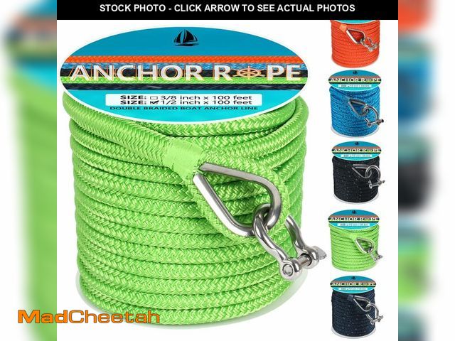 Lot 74-14472956 - Anchor Rope 100 FT 1/2 in, Double Braided Anchor Line with 316 Stainless Steel Thimble &amp; Shackle...