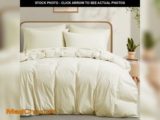 Lot 74-13541821 - Cream White Cotton Duvet Cover with Zipper Closure, Linen-Like Natural Bedding Set (No Comforter), Q...