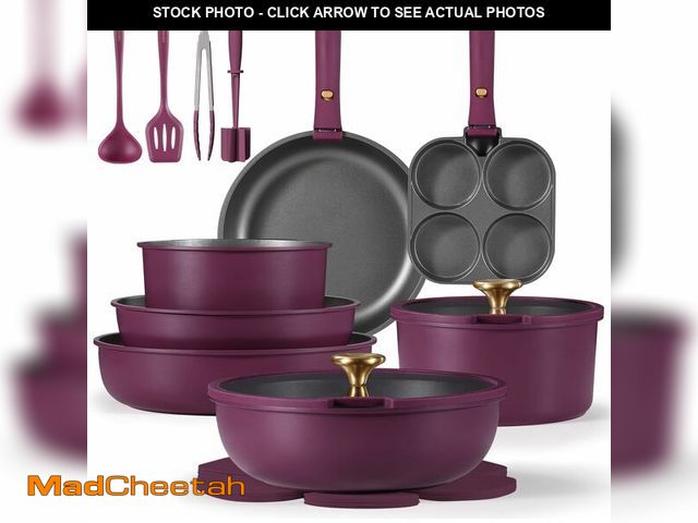 Lot 74-12324679 - CAROTE 21pcs Pots and Pans Set, Nonstick Cookware Set Detachable Handle, Induction Kitchen Cookware ...