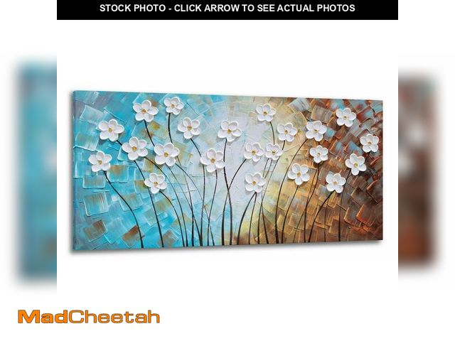 Lot 74-12785343 - YHSKY ARTS Flower Canvas Wall Art Hand Painted 3D Turquoise Brown White Painting Modern Abstract Flo...