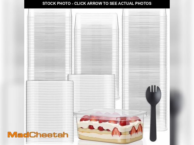 Lot 74-14153556 - Tanlade 100 Pack 9oz Clear Dessert Cups with Lids and Sporks Rectangle Plastic Cups Disposable Parfa...