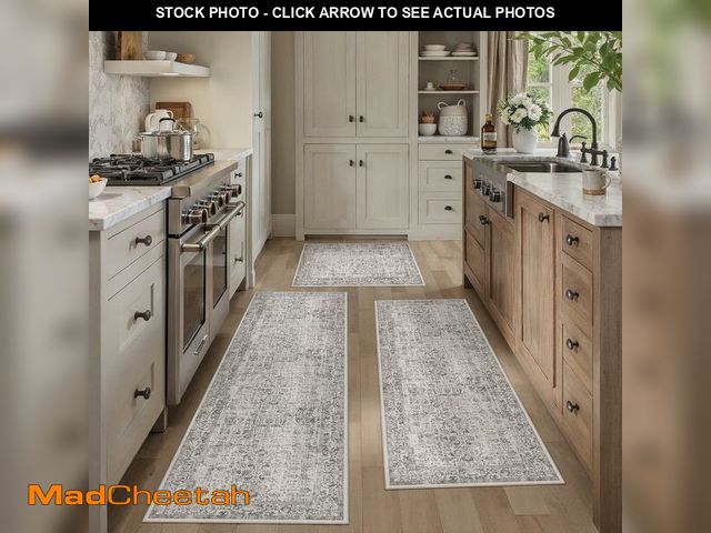 Lot 74-14355509 - HUGEAR Washable Kitchen Rug Set of 3 Grey Neutral Vintage Distressed Low Pile Non Slip Kitchen Mats ...
