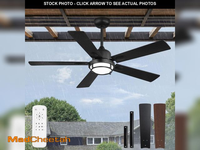 Lot 74-14224793 - HINNIXY 52in Black Outdoor Ceiling Fans with Lights IP65 Waterproof Remote/APP control Fandelier Dow...
