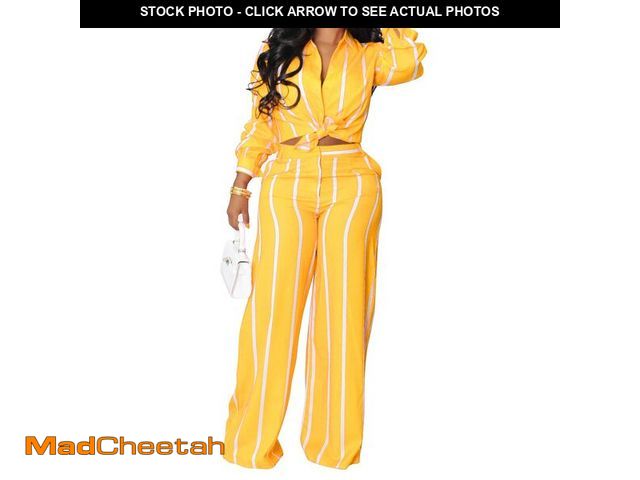 Lot 74-12452954 - Elainone 2 Piece Outfits for Women Pants Sets Sexy Yellow Stripe Long Sleeve Button Down Shirt Wide ...