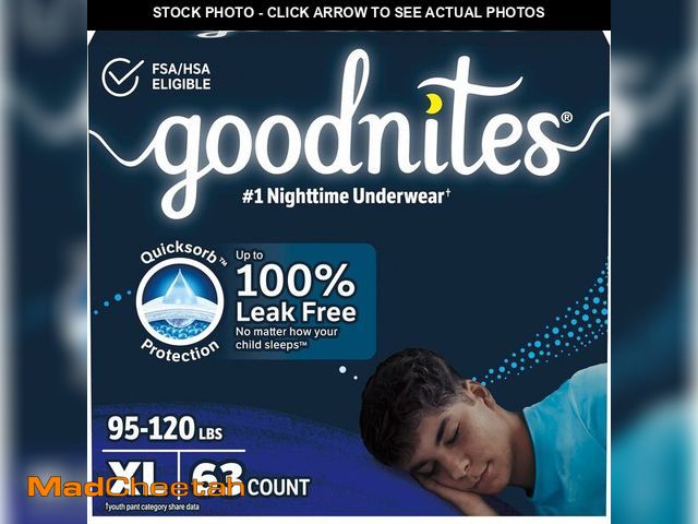 Lot 74-13776774 - Goodnites Boys' Nighttime Bedwetting Underwear, Size Extra Large (95-120 lbs), 63 Ct (3 Packs of 21)...