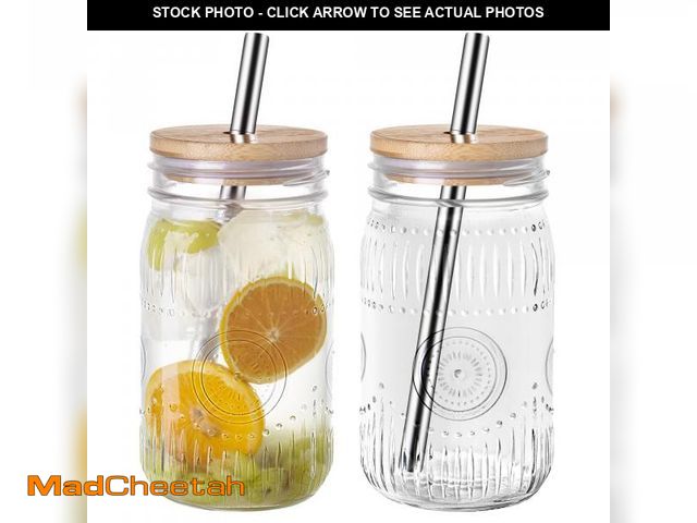 Lot 74-12111113 - Amzcku 32oz vintage Mason Jars with Bamboo Lids and Stainless Steel Straws -Wide Mouth Quart Canning...