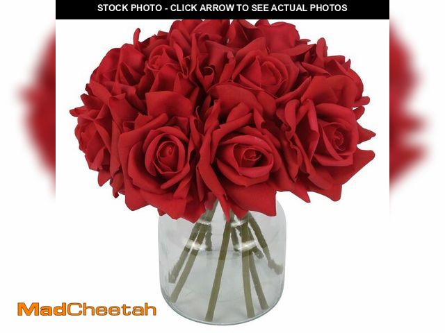 Lot 74-13950913 - IPOPU Red Roses Artificial Flowers 2 Bouquets 10PCS Realistic Fake Roses Real Touch Faux Roses with ...