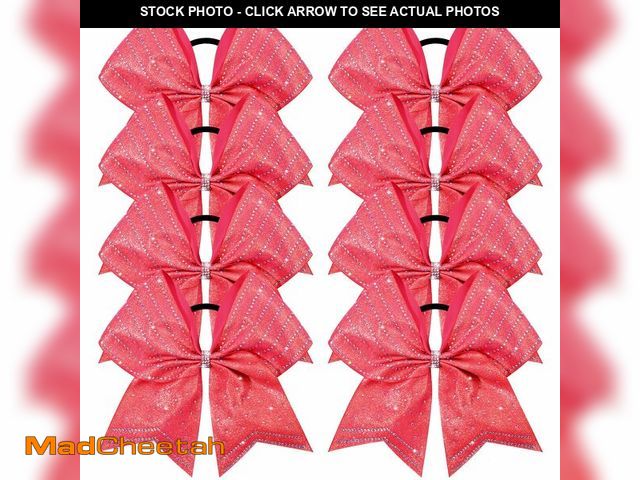 Lot 74-12699845 - DEEKA 8PCS Pink Glitter Stripes Cheer Bows with Iridescent Rhinestones Large 8" Competition Cheer Ha...
