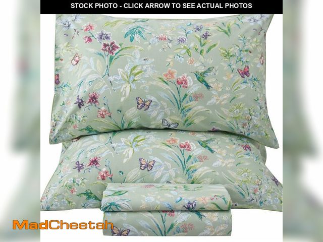 Lot 74-12458209 - QSH Green Floral Queen Size Sheet Sets - Green Flower Bird Butterfly Print Botanical Bedding Egyptia...