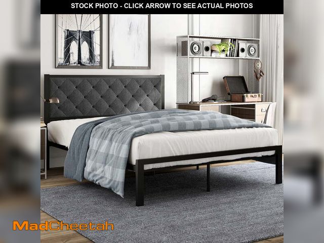 Lot 74-14436332 - Amolife Full Size Platform Bed Frame with Upholstered Headboard, Dark Grey - USED