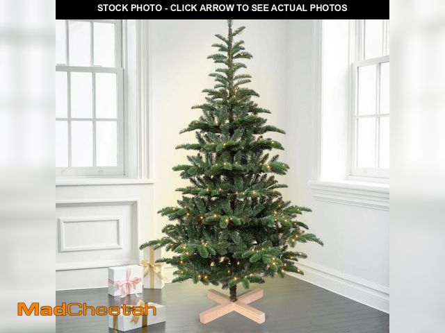 Lot 74-12512462 - Wooden Base Christmas Tree 7 ft Pre lit, Bringstar Artificial Tree 941 PE PVC Mixed Tips, 400 Lights...
