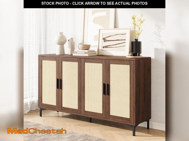 Lot 74-12540181 - JASIWAY Modern Rattan Decor Sideboard - 42"W x 34.66"H x 15"D, Brown, 4 Doors, 3 Adjustable Shelves,...