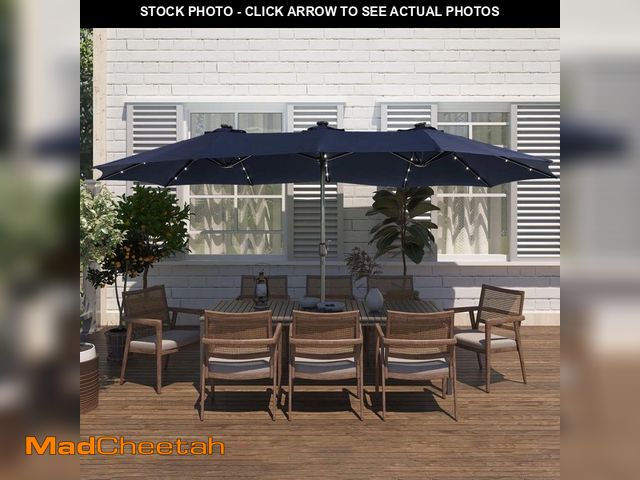 Lot 74-14244143 - 15 ft. Steel Patio Double-Side Market Umbrella with Base and Solar Light with Base in Navy - UNUSED