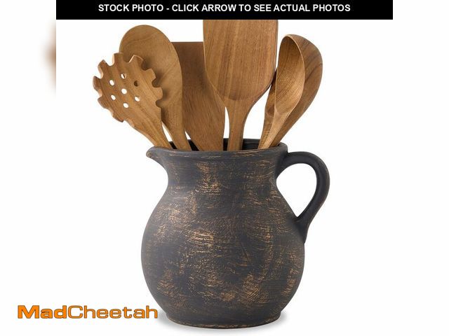 Lot 74-14383087 - MIYUKI Rustic Kitchen Utensil Holder - 7.6 Inch Ceramic Utensil Crock for Countertop, Vintage Kitche...