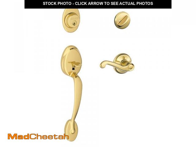 Lot 74-12517520 - Schlage Plymouth Bright Brass Single Cylinder Door Handleset with Flair Handle - UNUSED