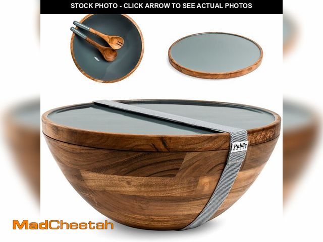 Lot 74-14428444 - Large Wooden Salad Bowl Set 12.5 Inch with Serving Utensils, Tray Lid and Carry Strap. Acacia Wood L...