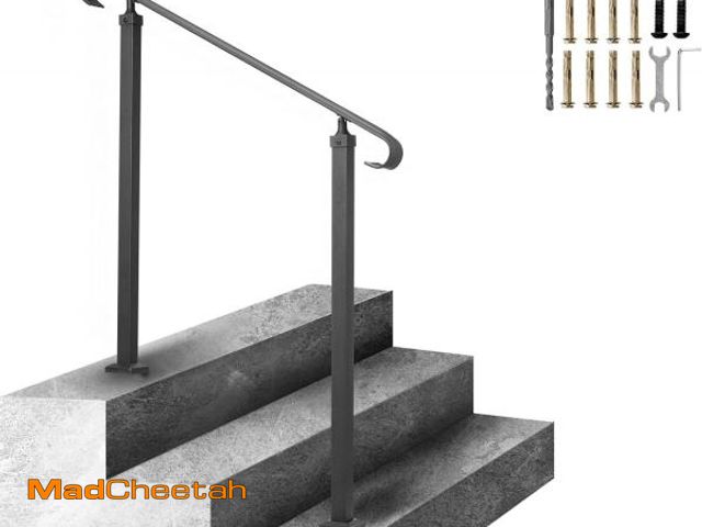 Lot 74-12399431 - VEVOR Handrails for Outdoor Steps, Fit 1-3 Steps Outdoor Stair Railing, Wrought Iron Handrail, Adjus...