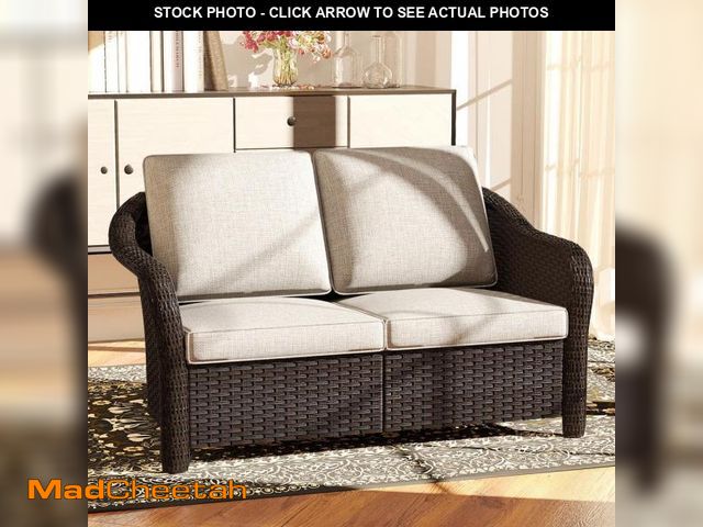 Lot 74-12147793 - Gardenbee Brown Wicker Outdoor Patio Loveseat Sofa Couch with Beige Cushions - UNUSED