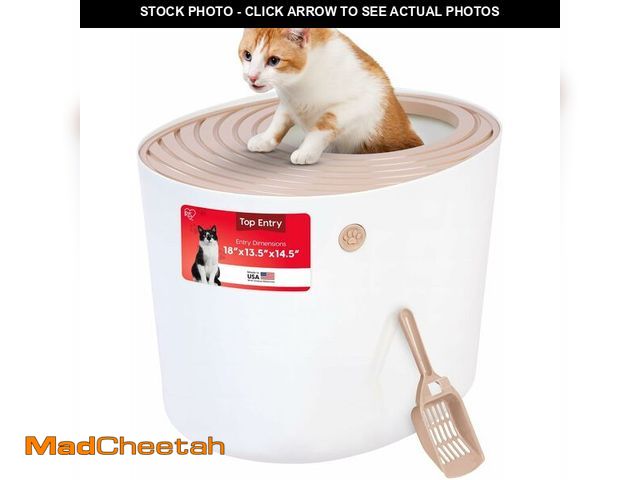 Lot 74-13041446 - IRIS USA Top Entry Cat Litter Box with Scoop, Stylish Round Cat Litter Box Enclosure, Kitty Litter B...